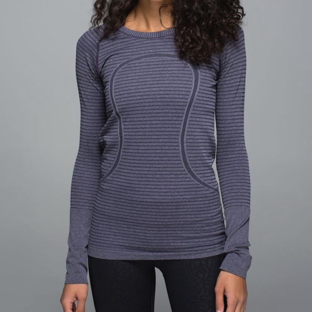 Lululemon Run: Swiftly Tech Long Sleeve Crew Rugby Stripe Black Grape Size 4